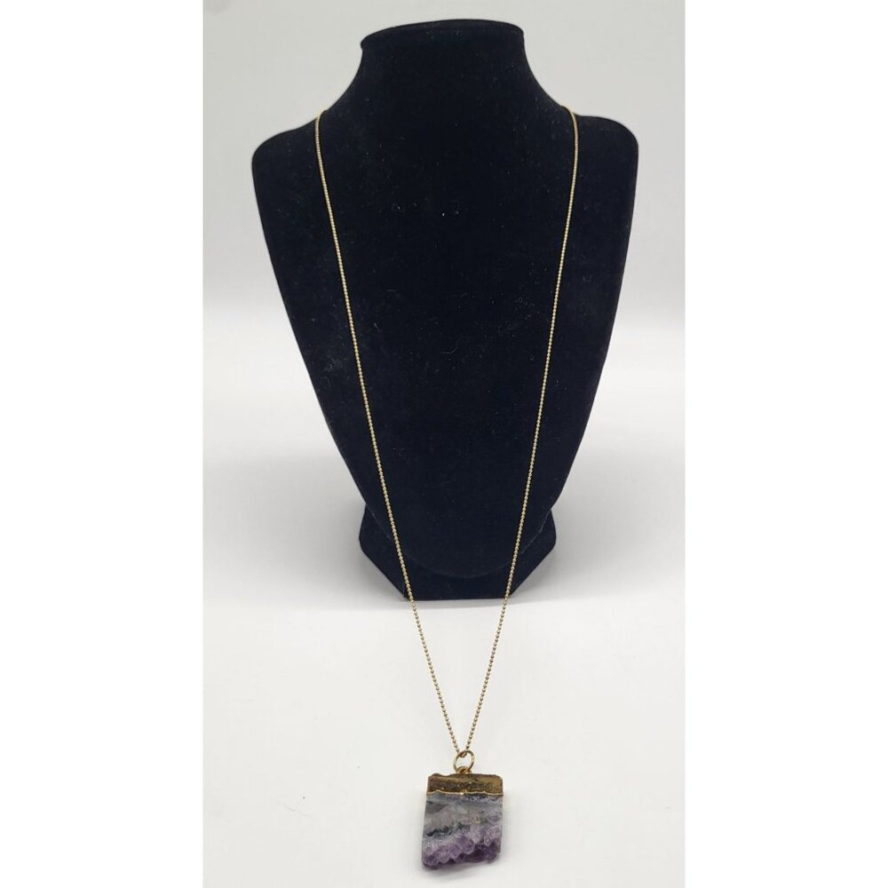 Druzy Amethyst Geode Pendant Long Necklace Purple Gold Tone